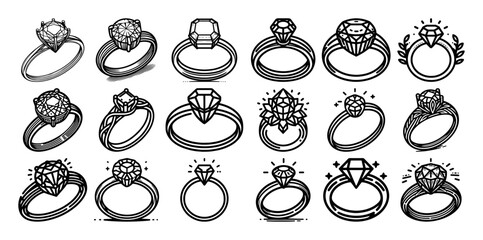 engagement and wedding ring line icon set