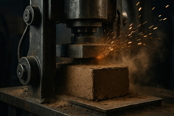 Industrial hydraulic press compressing earth block while bright sparks fly in dark factory environment during manufacturing process