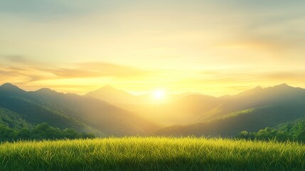 Naklejka premium Breathtaking mountain vista serene grassy field with majestic peaks in the background