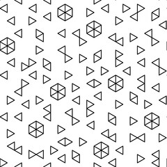 Seamless pattern with black triangles, hexagons and geometric elements on white background. Black outline elements in triangular grid. Could be used as print for textile, wallpaper, card, texture. 