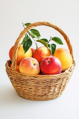 Freshly Harvested Fruits in Woven Basket with Green Leaves Display