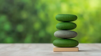 Stacked stones on rustic wooden table study in balance harmony and tranquility