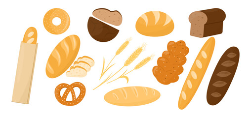 Collection of fresh bakery products. Baguette, bagel, pretzel, donut, dark and white bread, wheat ears, and various loaves. Perfect for menu design, packaging and kitchen decor. Vector illustration.