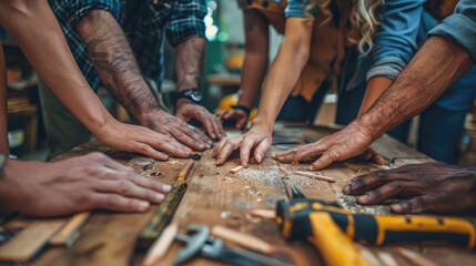 Collaborative woodworking session with diverse hands at work