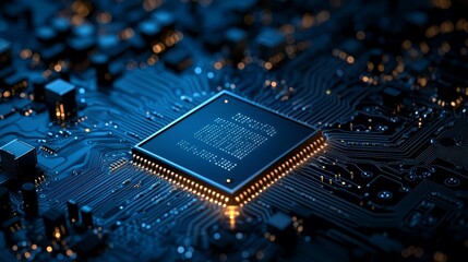Intricate circuit board and chip closeup examination of electronic components technological innovation