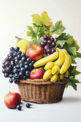 Vibrant Fresh Fruits in a Basket with Green Leaves and Grapes