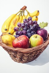Fresh Fruit in Woven Basket on White Background with Vibrant Colors