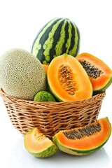 Fresh and Colorful Assortment of Melons in a Woven Basket