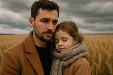 Fototapeta premium Father and daughter bonding in an autumn wheat field under dramatic cloudy sky, both wearing matching brown coats and warm scarves