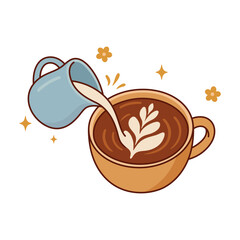 Milk is poured into a cup of coffee, forming a latte art leaf design. A cozy and aesthetic coffee moment. Ideal for cafe themes, barista content, breakfast visuals. Vector illustration on white.