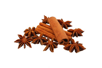 Cinnamon sticks and star aniseed isolated on white background. Selective focus. Macro.