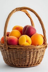 Fresh Peaches in Woven Basket Against Neutral Background