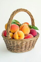 Fresh and Juicy Peaches in a Woven Basket on White Background