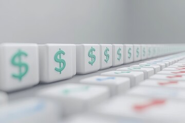 A row of small, white cubes, each displaying a teal dollar sign