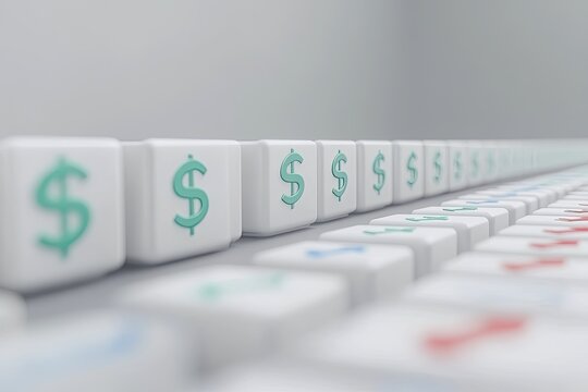 A row of small, white cubes, each displaying a teal dollar sign
