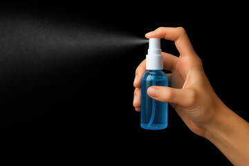 Hand holds blue spray bottle, releasing fine mist against black background, showcasing product functionality