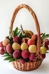 Vibrant Lychee and Tropical Fruits in a Woven Basket Arrangement