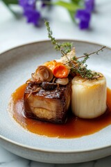 Exquisite gourmet dish featuring braised meat and vegetables