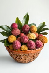 Freshly Harvested Lychee Fruits in a Woven Basket Arrangement