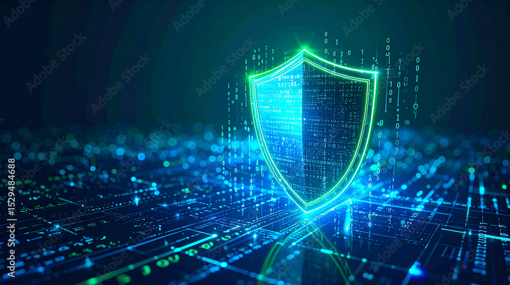 Poster a glowing digital shield surrounded by encrypted binary codes, neon blue and green