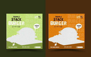 Burger social media post vector illustration. Square size, food promotion simple web banner frame, Social media post food template, Facebook social media post Design with mockup template