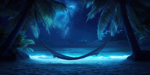 A hammock hangs between two palm trees on a sandy beach under a starry night sky. Tranquil nighttime beach scene with a peaceful and dreamy vibe