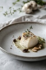 Elegant Dish of Seafood with Herbs and Nuts on Rustic Plate
