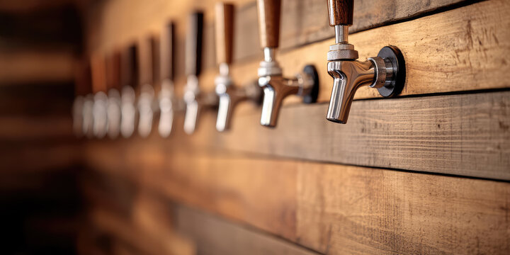 Several beer taps are mounted on a wooden wall, ready for use. Concept: Craft beer and beverage service