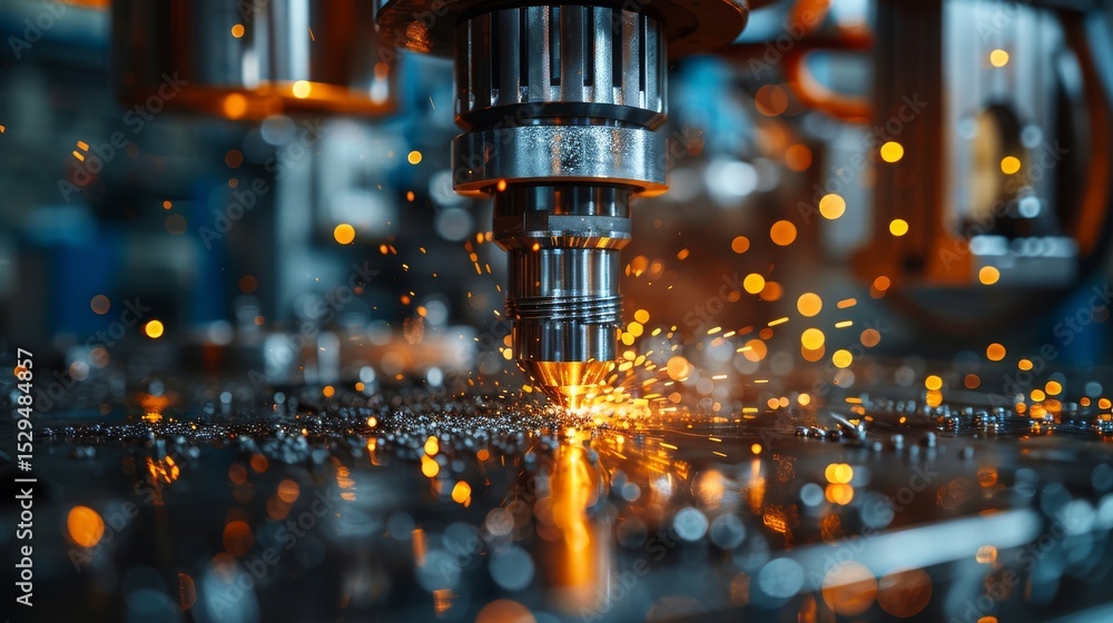 Aufkleber an up-close view of a precision cutting tool in action, generating sparks as it cuts through metal, 
