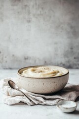 Creamy Mashed Potato Bowl with Spices on Light Background
