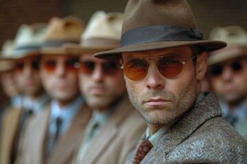 A focused man sporting a fashionable hat and sunglasses, amidst a group of similar figures, creating a mysterious atmosphere that evokes intrigue and camaraderie in fashion.