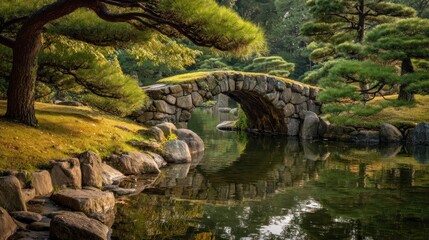Serene Stone Bridge Reflecting in a Tranquil Pond