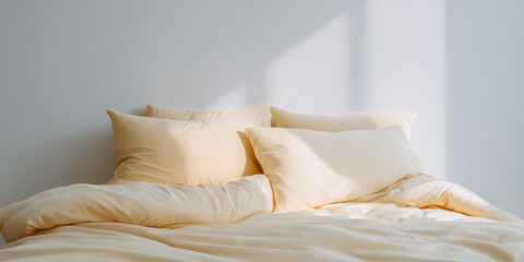 Soft pillows and a fluffy comforter are arranged neatly on a bed under gentle sunlight. Cozy and inviting bedroom atmosphere