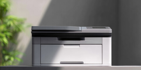 A printer sits on a table indoors, illustrating modern technology. Concept: Office equipment, printing, tech