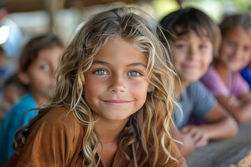 Fototapeta premium A joyful scene featuring a diverse group of children smiling and posing together, showcasing innocence, friendship, and the joyous moments of childhood.