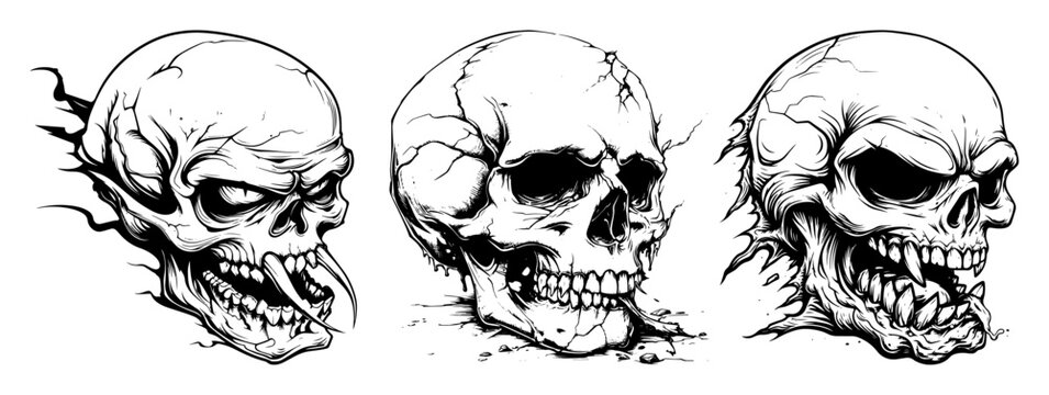 evil skull side view tattoo vector set
