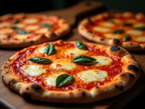 Wood-fired Neapolitan pizzas with charred crusts, fresh tomato sauce, melted mozzarella, and basil leaves, served hot and ready to enjoy,generic, original character, no logo, no branding