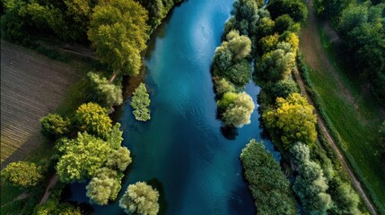 Aerial View of Serene River Winding Through Lush Green Foliage