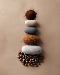 Pile of rocks and coffee beans are arranged in a pyramid shape. The arrangement of the rocks and beans creates a sense of balance and harmony, while the coffee beans add a touch of warmth