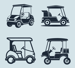 Golf cart set icon, vehicle silhouette vector, transport illustration, electric buggy design, black shape graphic, golf cart icon 