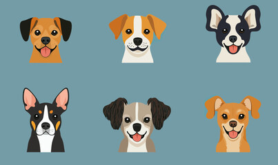 Fototapeta premium Set of six smiling dog head icons featuring diverse small to medium breeds with flat minimalist vector illustration style on blue background