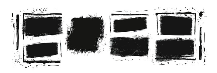 Grunge black brush stroke frames with uneven textured edges isolated on white background minimalist vector design set of hand drawn rough square borders for photo or text placeholders