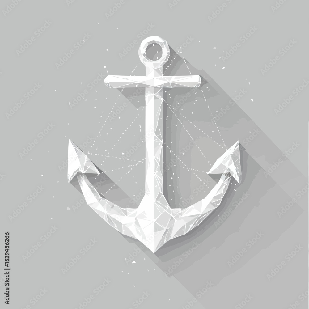 Poster white polygonal anchor with geometric low poly design and connected digital network lines on gray ba