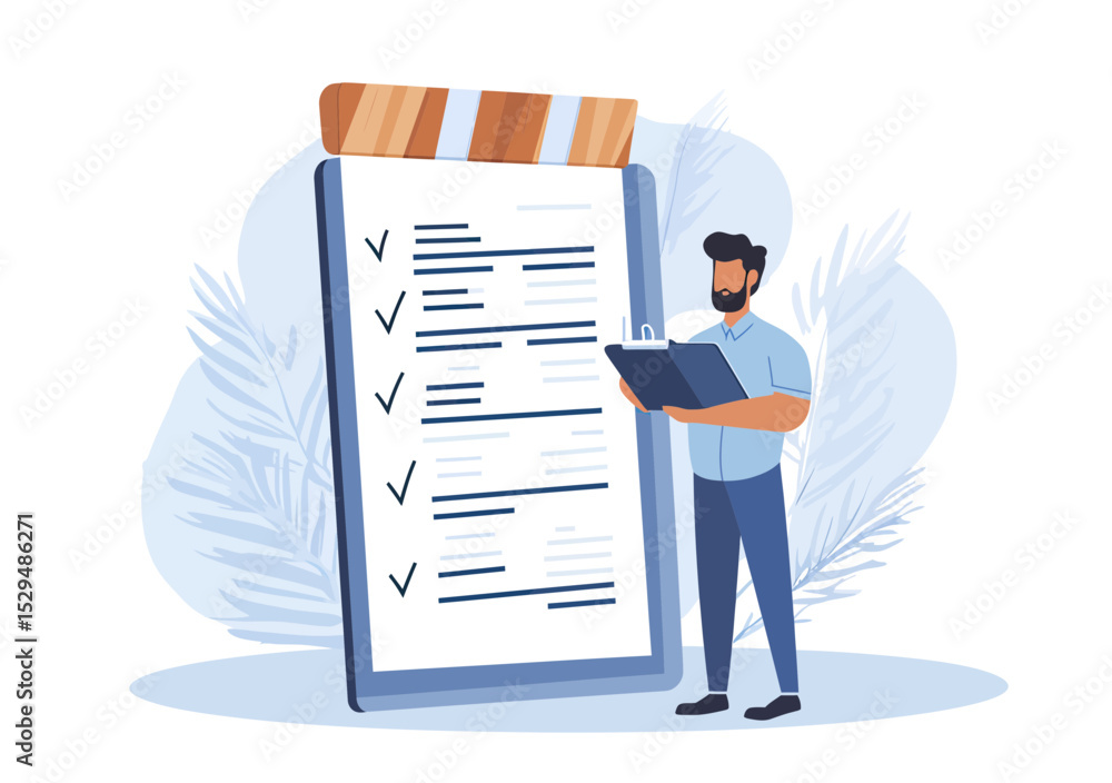 Poster businessman reviewing checklist on giant clipboard with action plan steps and notes for project mana