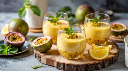 Dessert with passion fruit mousse in multi-layered glasses, bright yellow in color and decorated with mint and citrus peel.