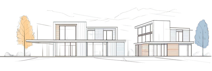 Modern minimalist two story residential house architectural sketch with flat roof large windows and wooden panel accents surrounded by landscape trees and mountain outlines vector illustration