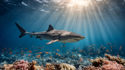 Fototapeta premium Ocean shark, Open toothy dangerous mouth with many teeth. Underwater blue sea waves clear water shark swims forward 