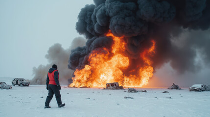 Person red jacket walks through snowy landscape, observing large fire with thick black smoke rising into sky. scene conveys sense of urgency