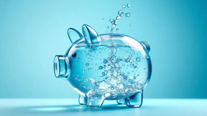 Transparent piggy bank full of water. Saving water concept.