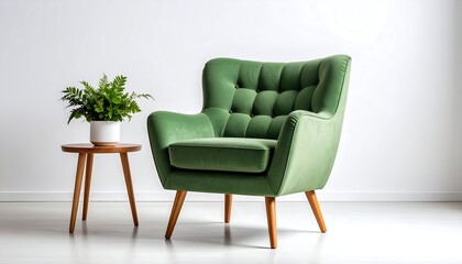 Green armchair with plant, and side table.